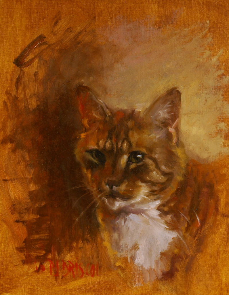 "oil painting of Bootsie, portrait of an orange cat, with orange background"