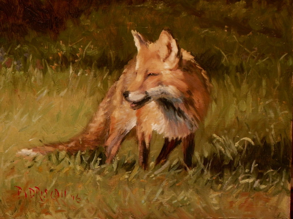 "oil painting of a red fox in grass with body facing forward and head turned looking off to the side"
