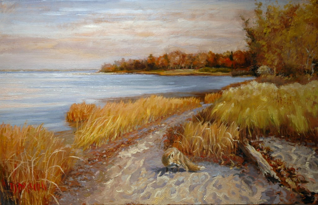 "oil painting of red fox on grassy beach, body facing forward and head turned looking off to the side. Water and autumnal trees in the distance"
