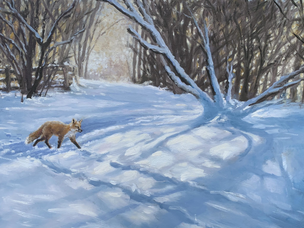 "oil painting of red fox walking over white snow and shadows cast by bare trees"
