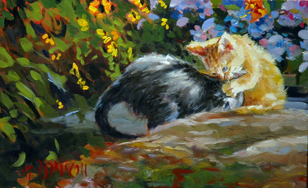 "oil painting of two kittens playing in front of a backdrop of flowering foliage."