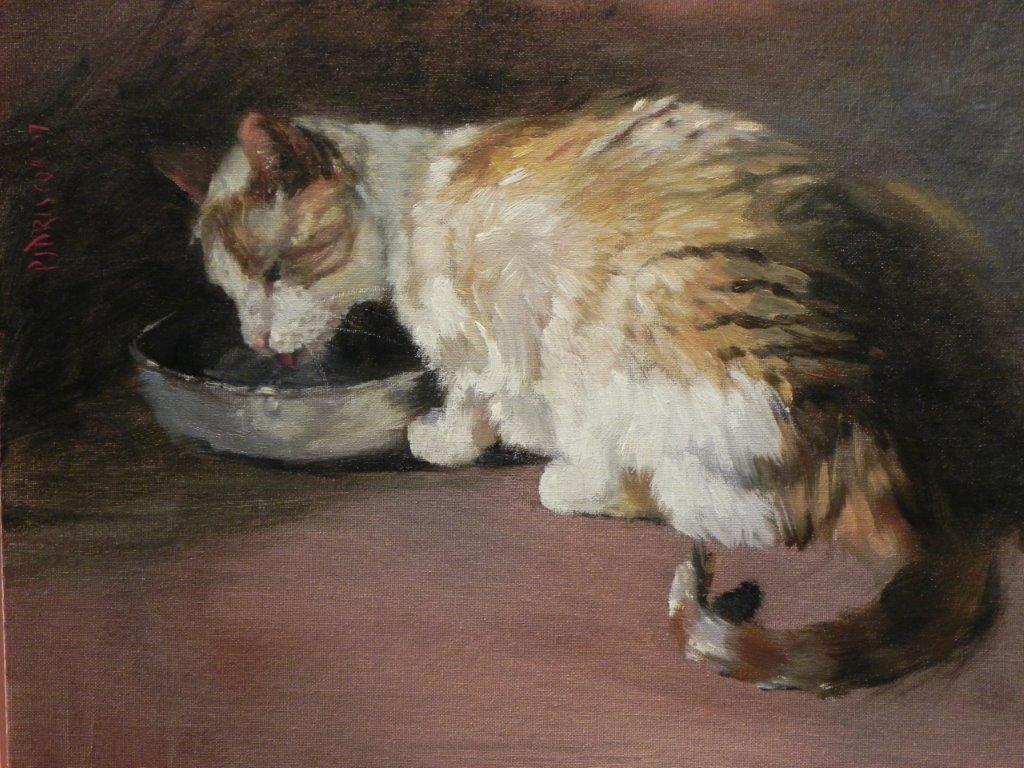 "oil painting of white and orange cat lapping water from a bowl"