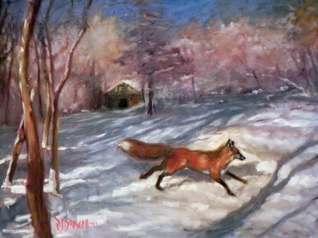 "oil painting of red fox running across snow, with cabin in background"