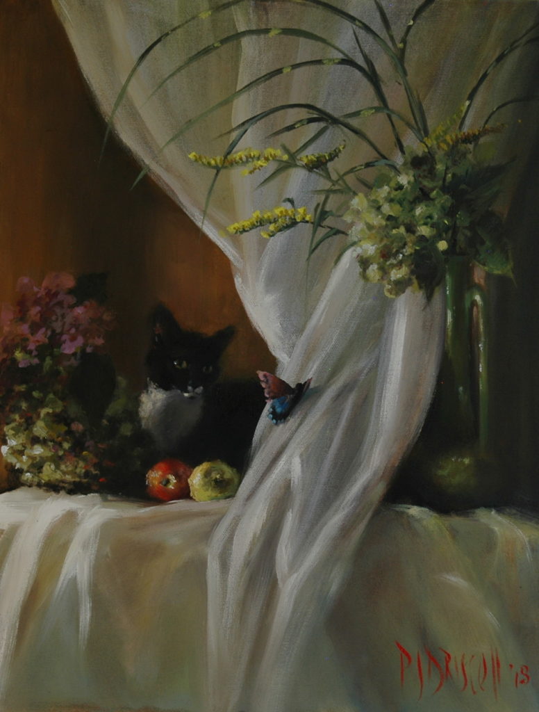 "oil painting of a still life display; white, draped fabric over a table, flowers in vases on either side with apples in the middle. A tuxedo cat has jumped onto the table, fascinated by a butterfly who has landed on the cloth that is hanging over the table"